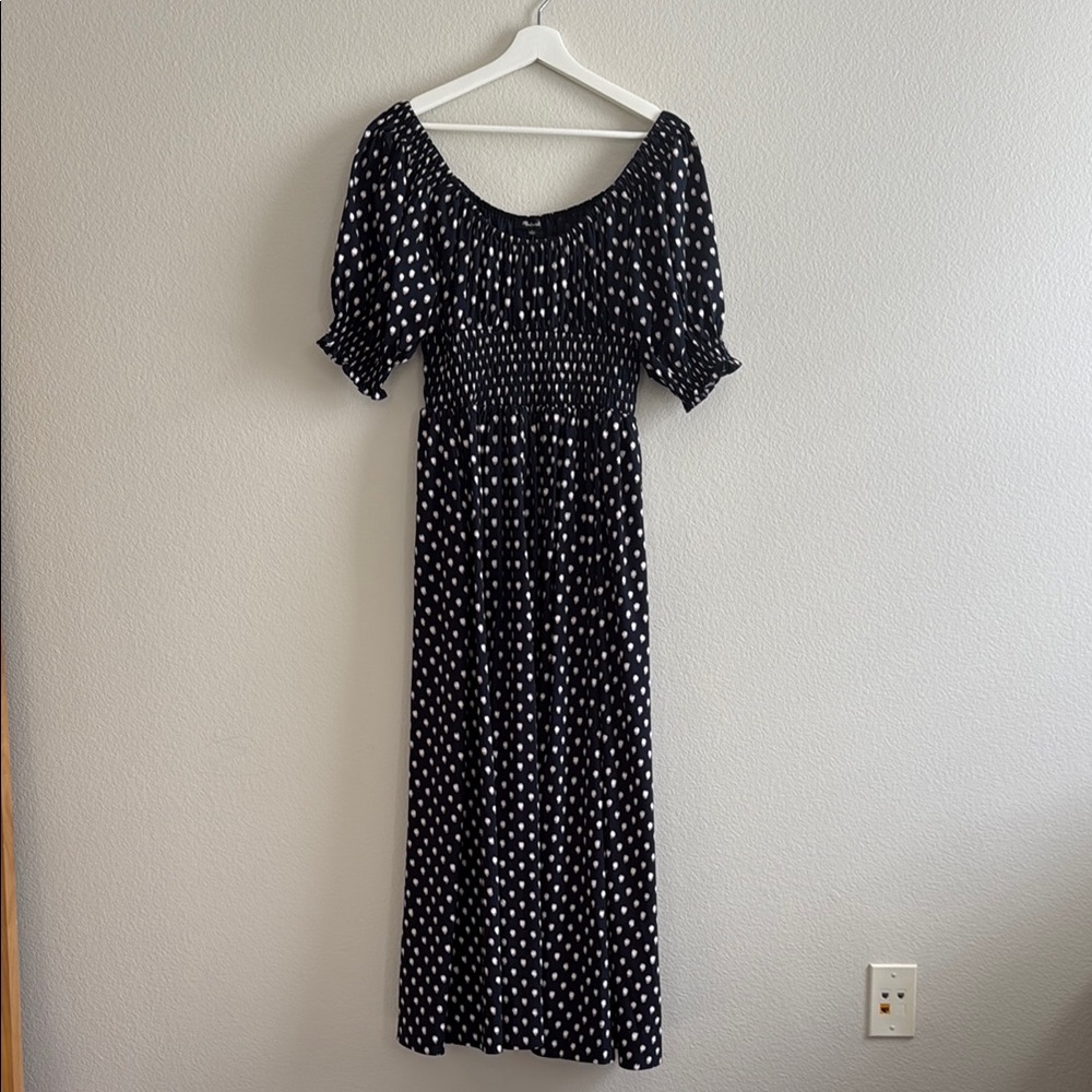 NWT Madewell Smocked-Waist Midi Dress in Shibori Dot Print